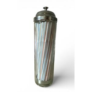 Vintage Straw Holder Dispenser Soda Fountain Glass w/ Chrome Lid Retro NO STRAWS